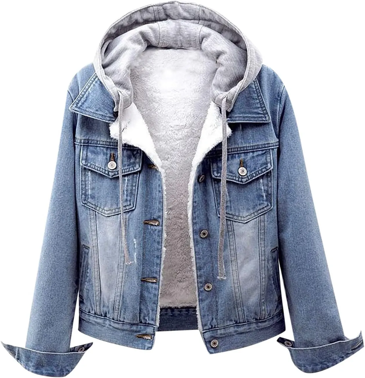 Womens Sherpa Fleece Lined Hoodie Denim Jacket 2022 Winter Jean Jacket Coats Oversized Long Sleeve Trucker Jacket Coat