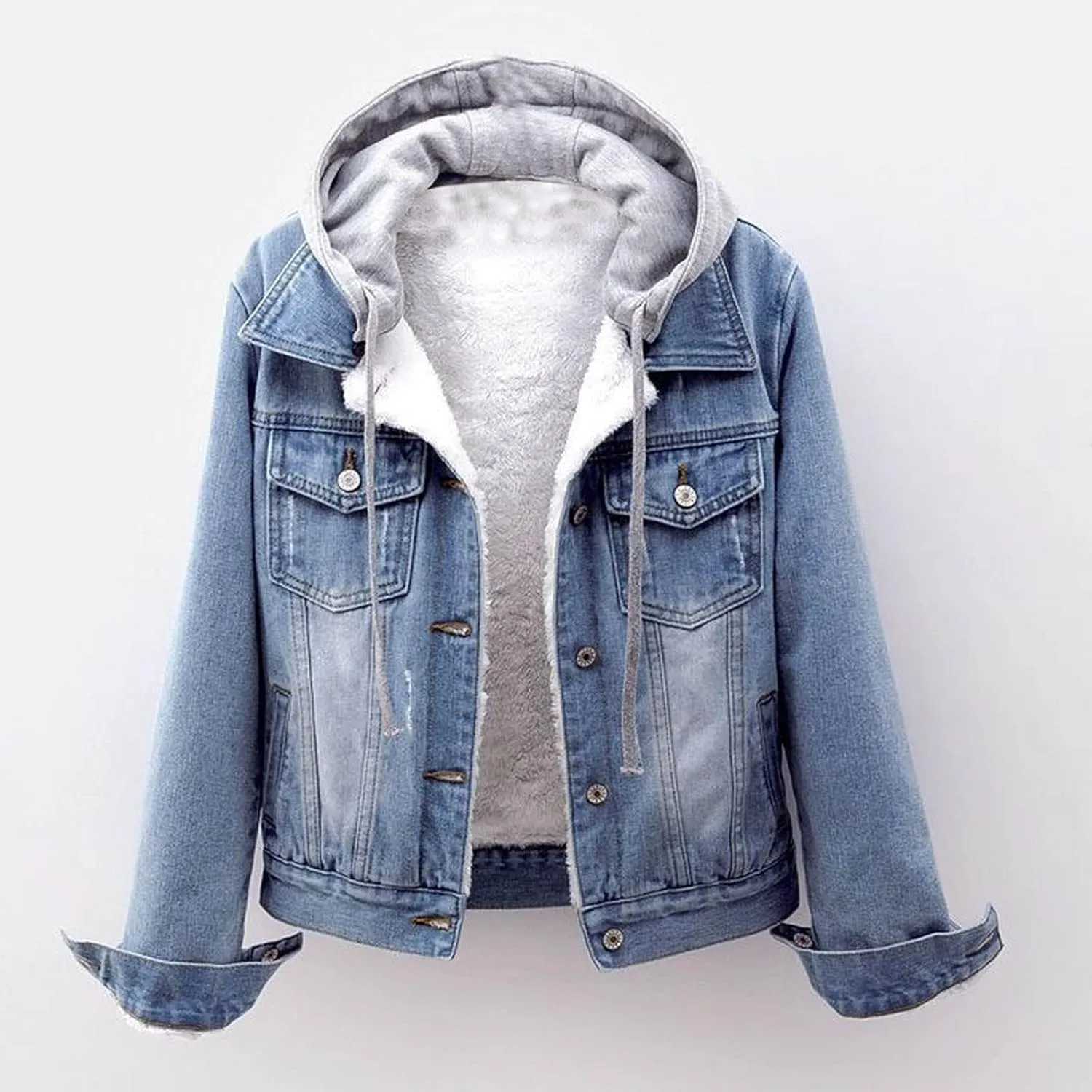 Womens Sherpa Fleece Lined Hoodie Denim Jacket 2022 Winter Jean Jacket Coats Oversized Long Sleeve Trucker Jacket Coat