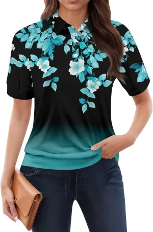 Womens Shirts Casual Short Sleeve Work Outfits Summer Tops Trendy Floral Print Blouses Lapel Collared
