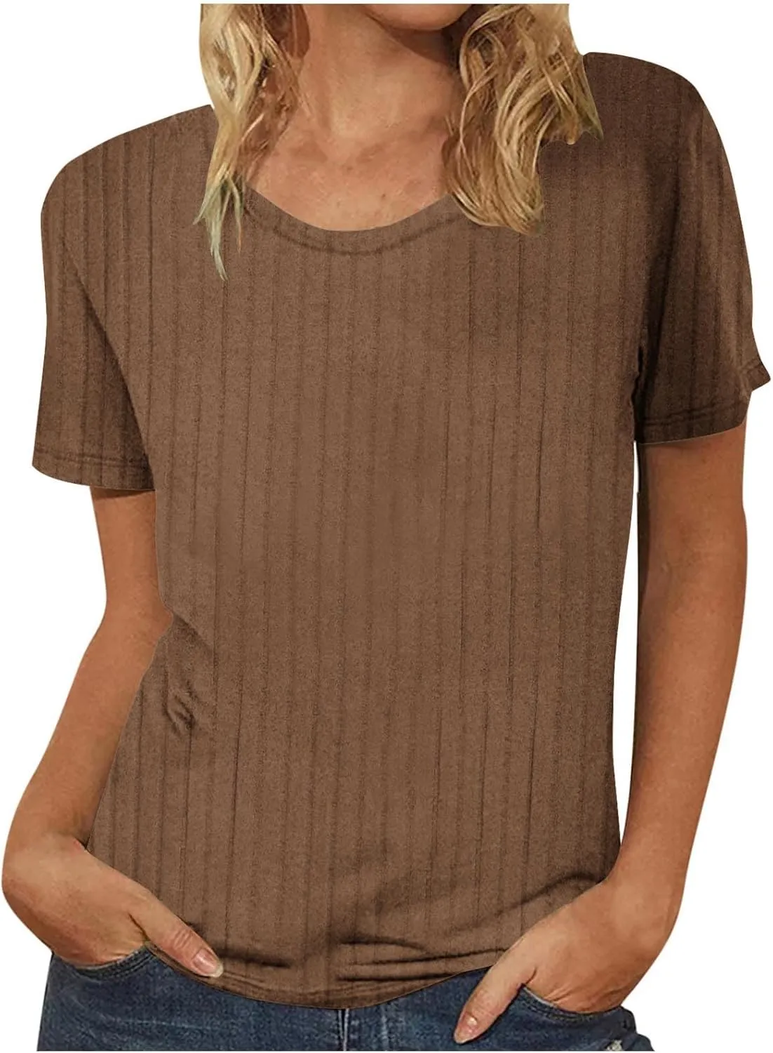 Womens Shirts Textured Short Sleeve Crewneck Casual Lounge Tops Dressy Ribbed Knit Pullover Blouse Shirts Summer Tees