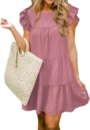 Women's Short Dresses Summer Round Neck Ruffle Sleeve Solid Color Beach Flowy Short Tunic Mini Dress Casual, S-2XL