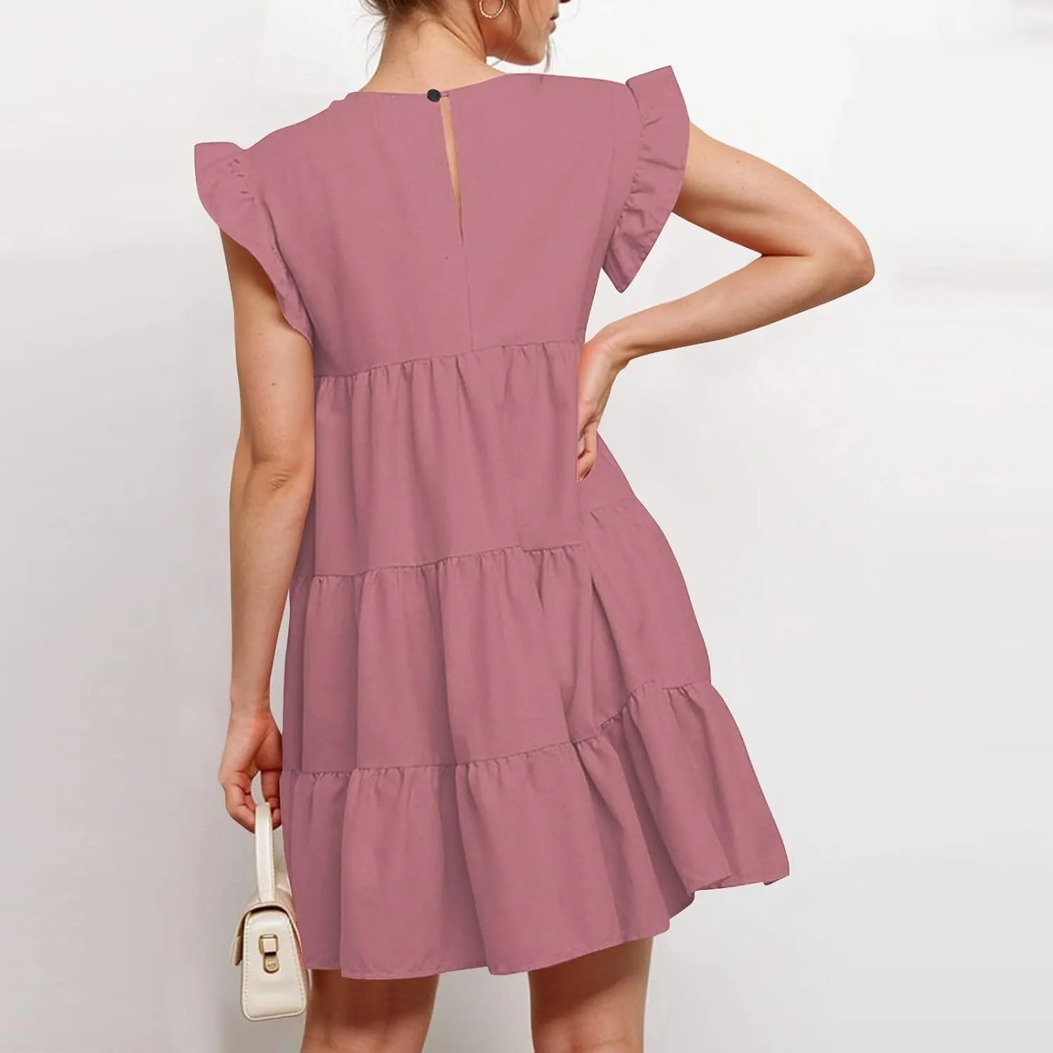 Women's Short Dresses Summer Round Neck Ruffle Sleeve Solid Color Beach Flowy Short Tunic Mini Dress Casual, S-2XL