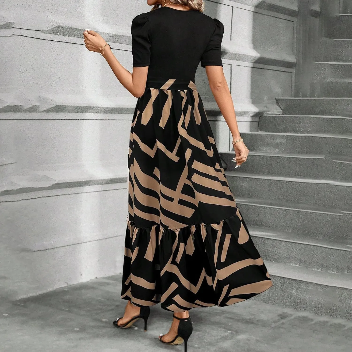Womens Short Sleeve Maxi Dresses Casual Summer Floral Printed Dress Crewneck Flowy Midi Dress Work Dresses with Belt