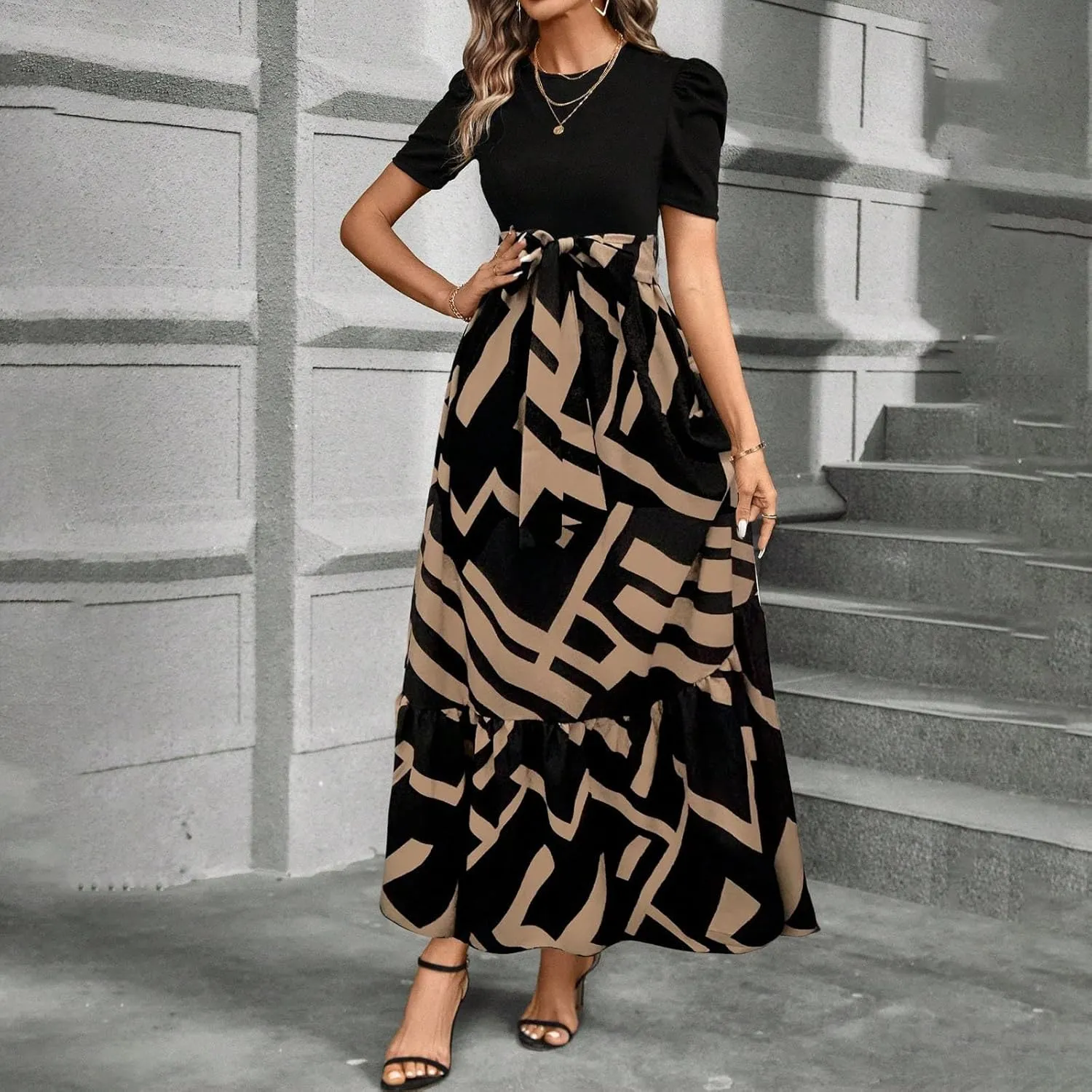 Womens Short Sleeve Maxi Dresses Casual Summer Floral Printed Dress Crewneck Flowy Midi Dress Work Dresses with Belt