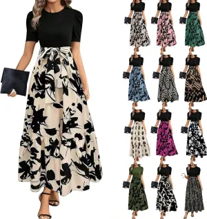 Womens Short Sleeve Maxi Dresses Casual Summer Floral Printed Dress Crewneck Flowy Midi Dress Work Dresses with Belt