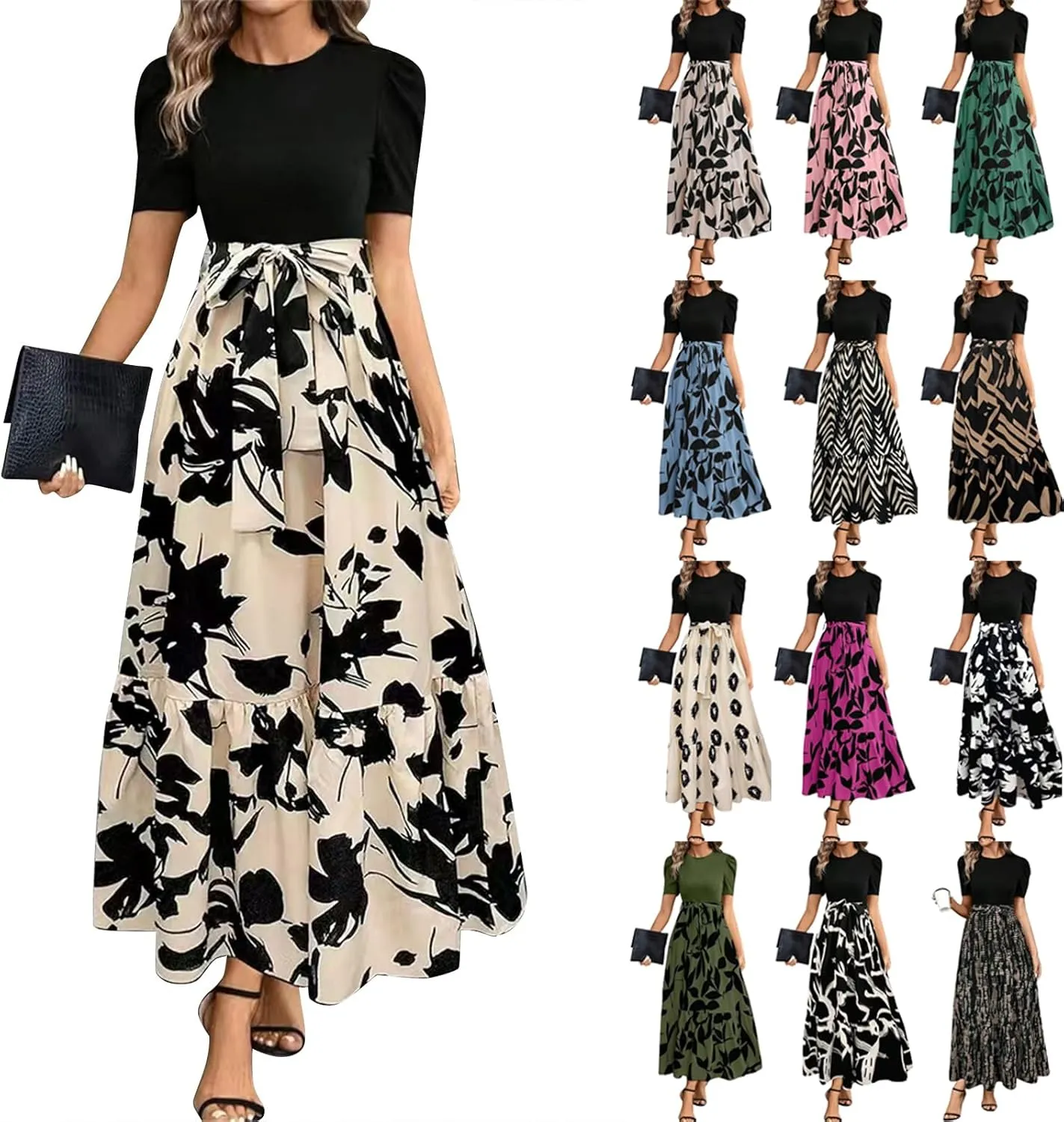 Womens Short Sleeve Maxi Dresses Casual Summer Floral Printed Dress Crewneck Flowy Midi Dress Work Dresses with Belt