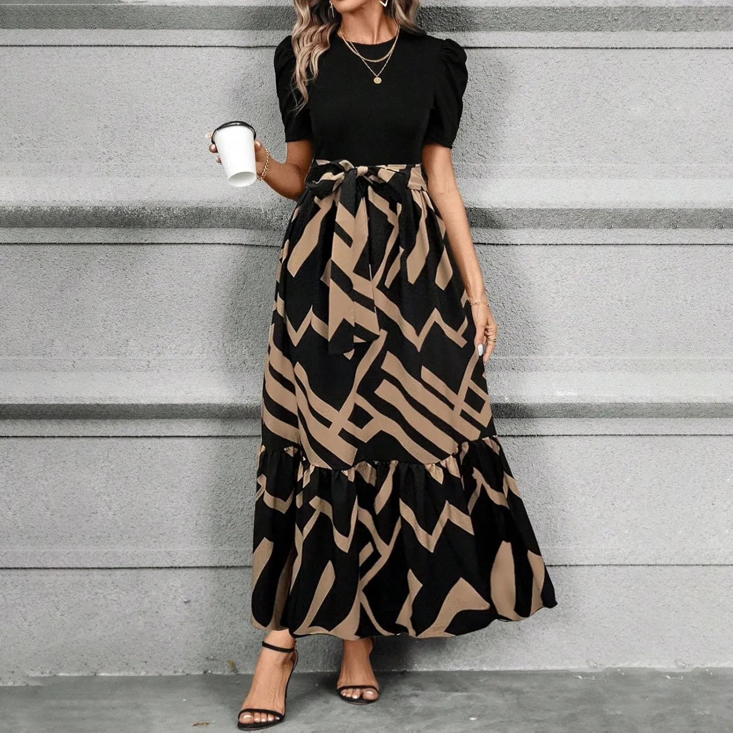 Womens Short Sleeve Maxi Dresses Casual Summer Floral Printed Dress Crewneck Flowy Midi Dress Work Dresses with Belt