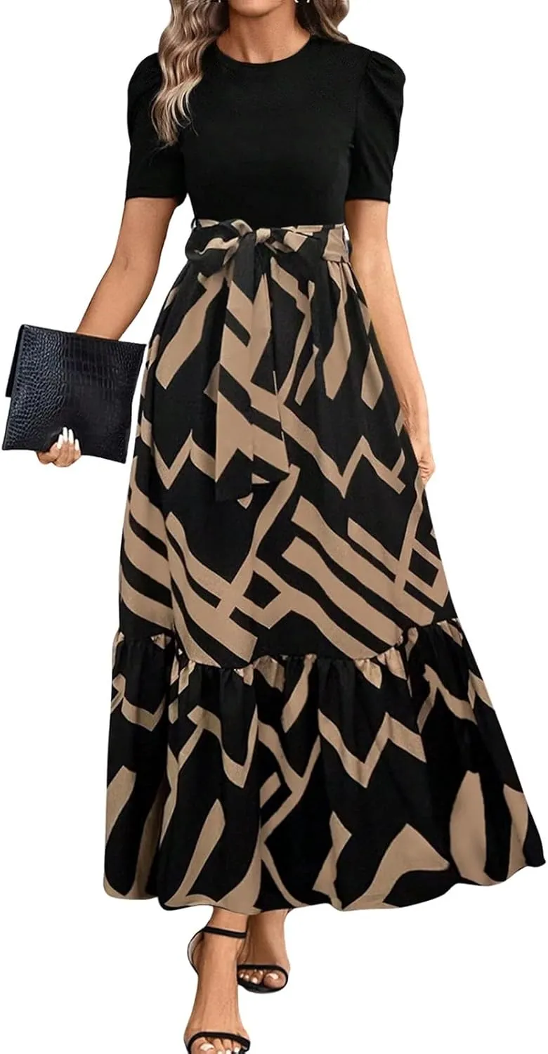 Womens Short Sleeve Maxi Dresses Casual Summer Floral Printed Dress Crewneck Flowy Midi Dress Work Dresses with Belt