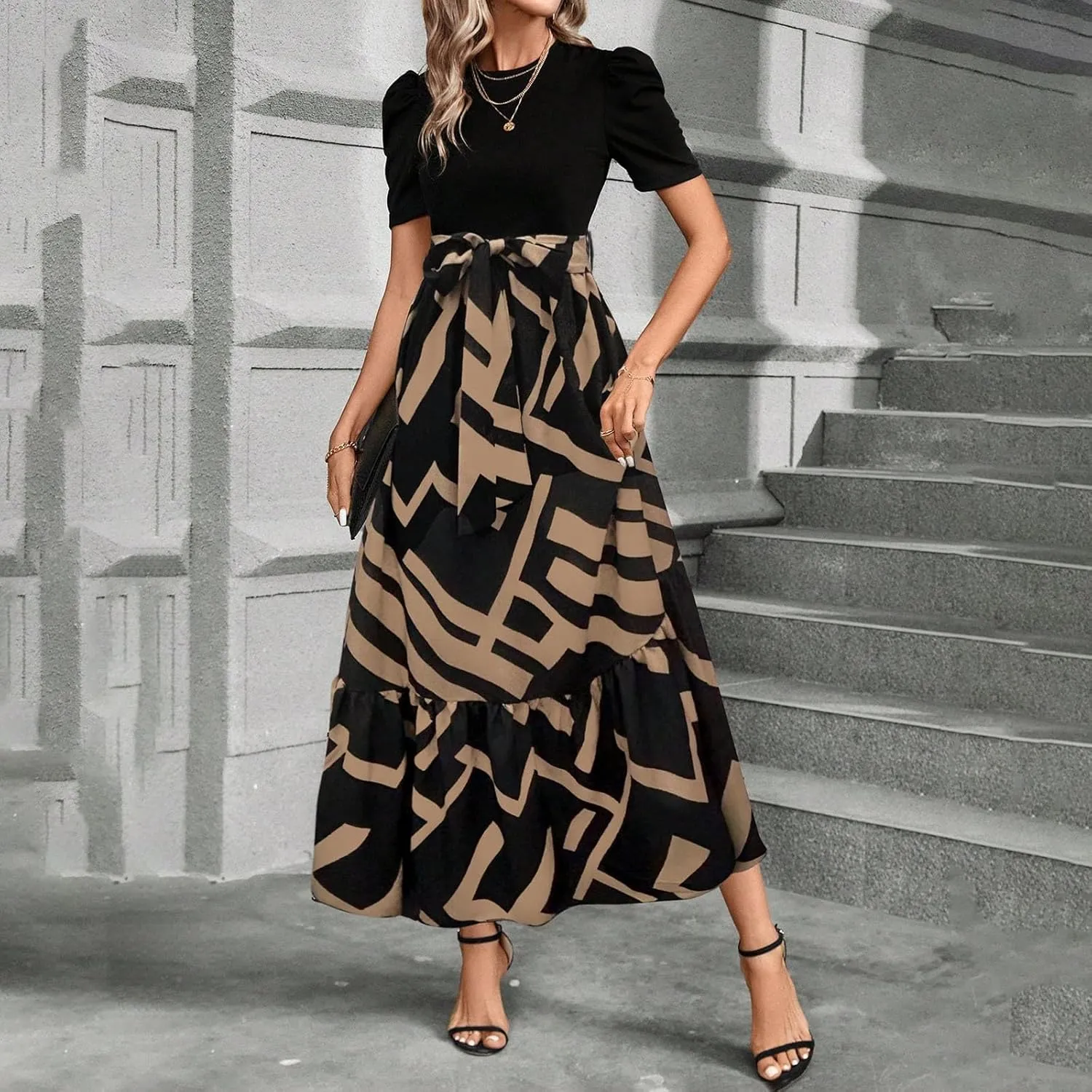 Womens Short Sleeve Maxi Dresses Casual Summer Floral Printed Dress Crewneck Flowy Midi Dress Work Dresses with Belt