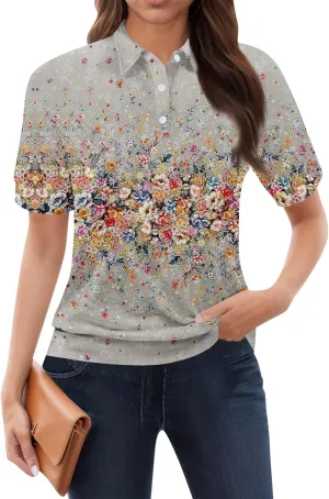 Womens Short Sleeve Tops Spring Button Down Polo Neck Shirts Lightweight Blouses Floral Print Outfits