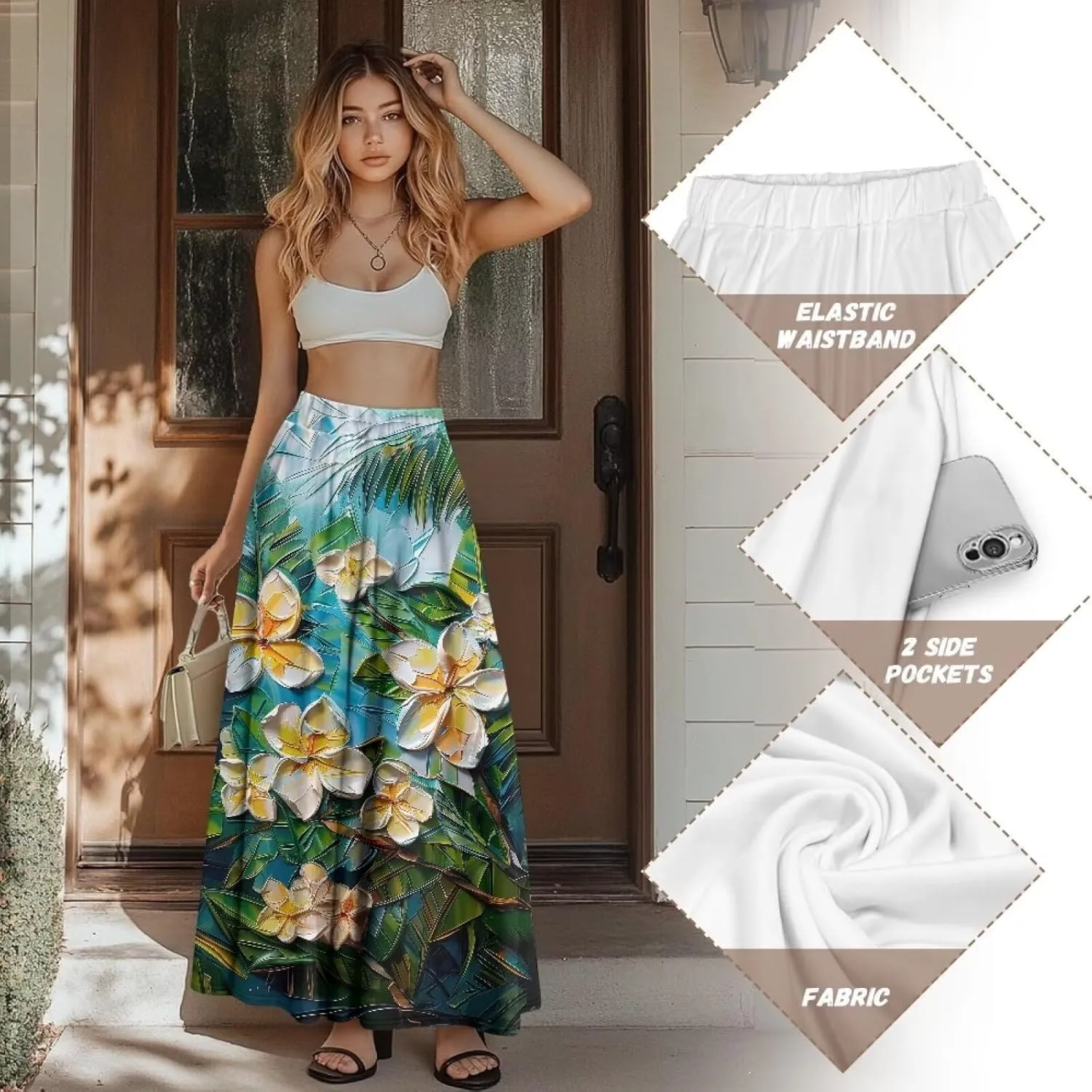 Womens Skirt Elastic High Waist A-Line Skirts for Dance Girls Soft Flowy Maxi Long Skirts for Fall Winter Spring