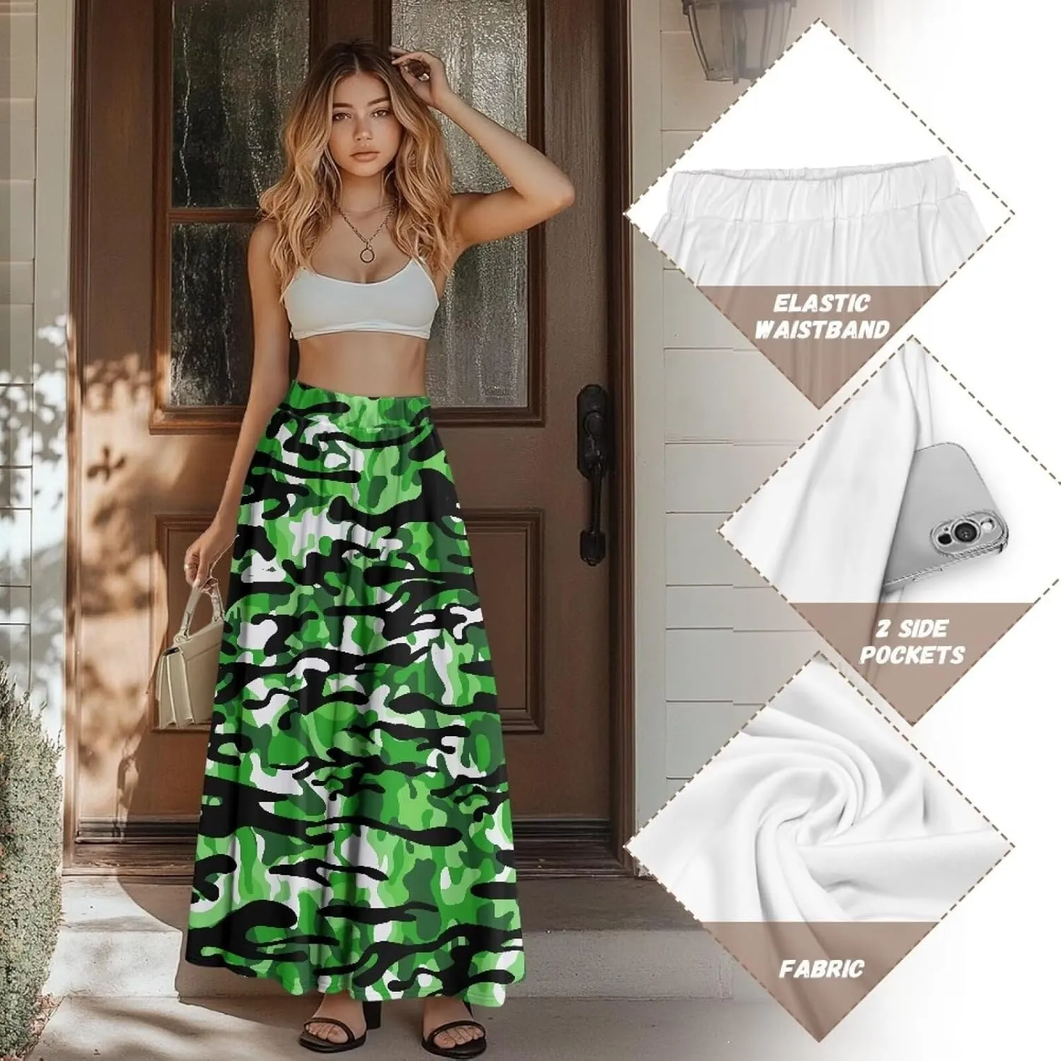 Womens Skirt Elastic High Waist A-Line Skirts for Dance Girls Soft Flowy Maxi Long Skirts for Fall Winter Spring