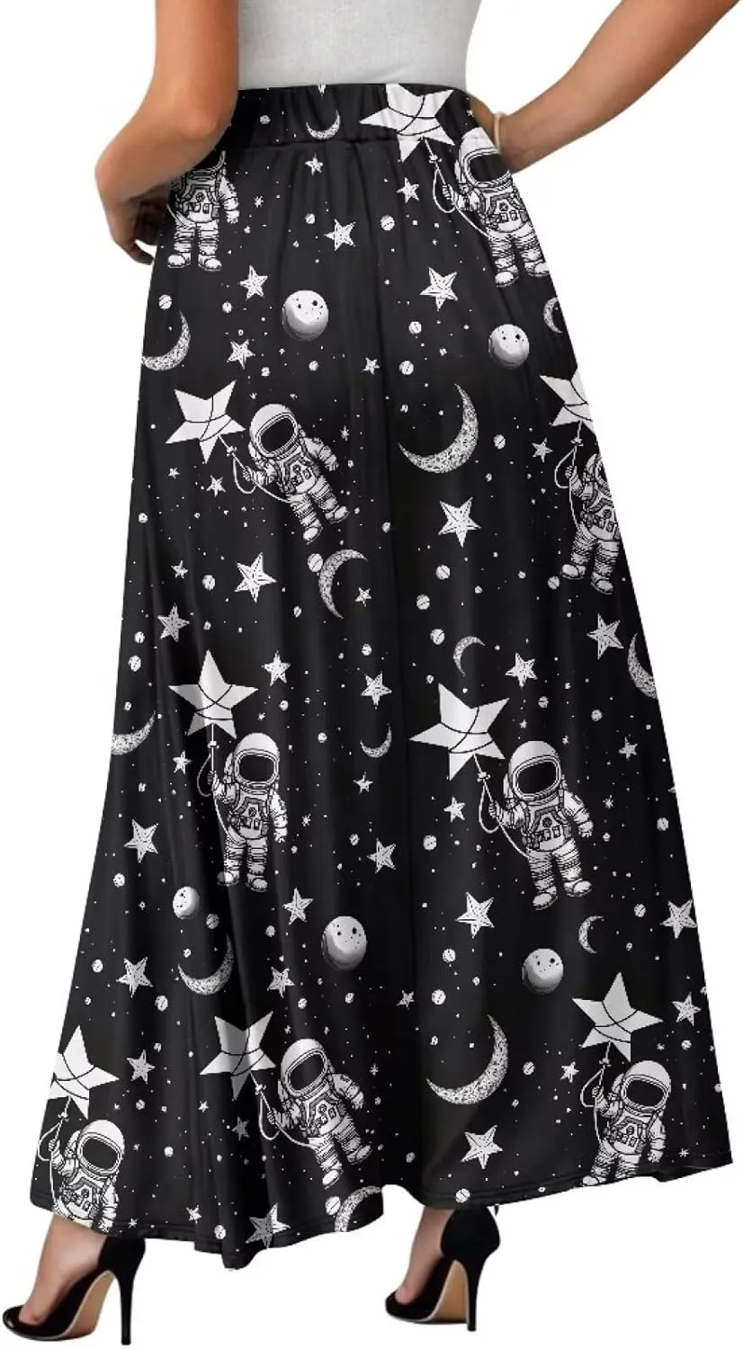 Womens Skirt Elastic High Waist A-Line Skirts for Dance Girls Soft Flowy Maxi Long Skirts for Fall Winter Spring