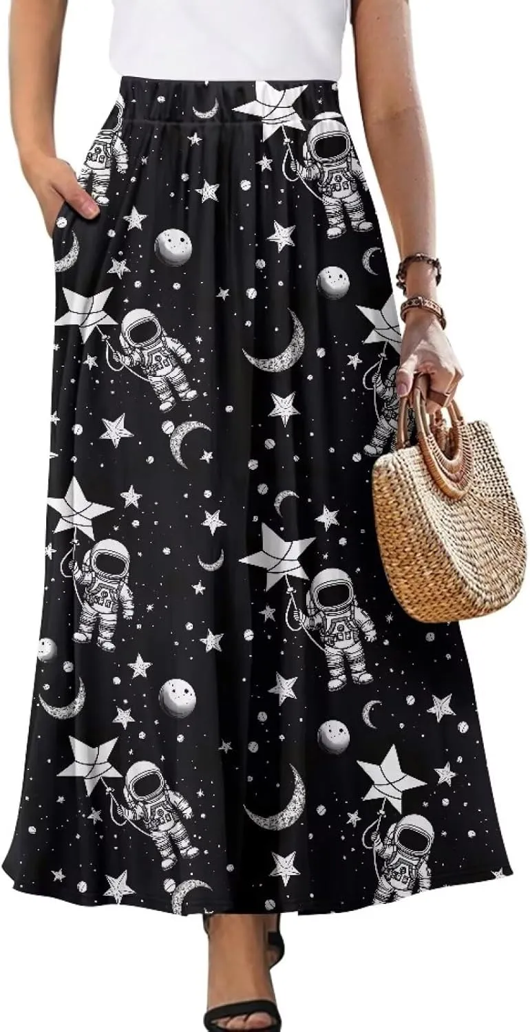 Womens Skirt Elastic High Waist A-Line Skirts for Dance Girls Soft Flowy Maxi Long Skirts for Fall Winter Spring