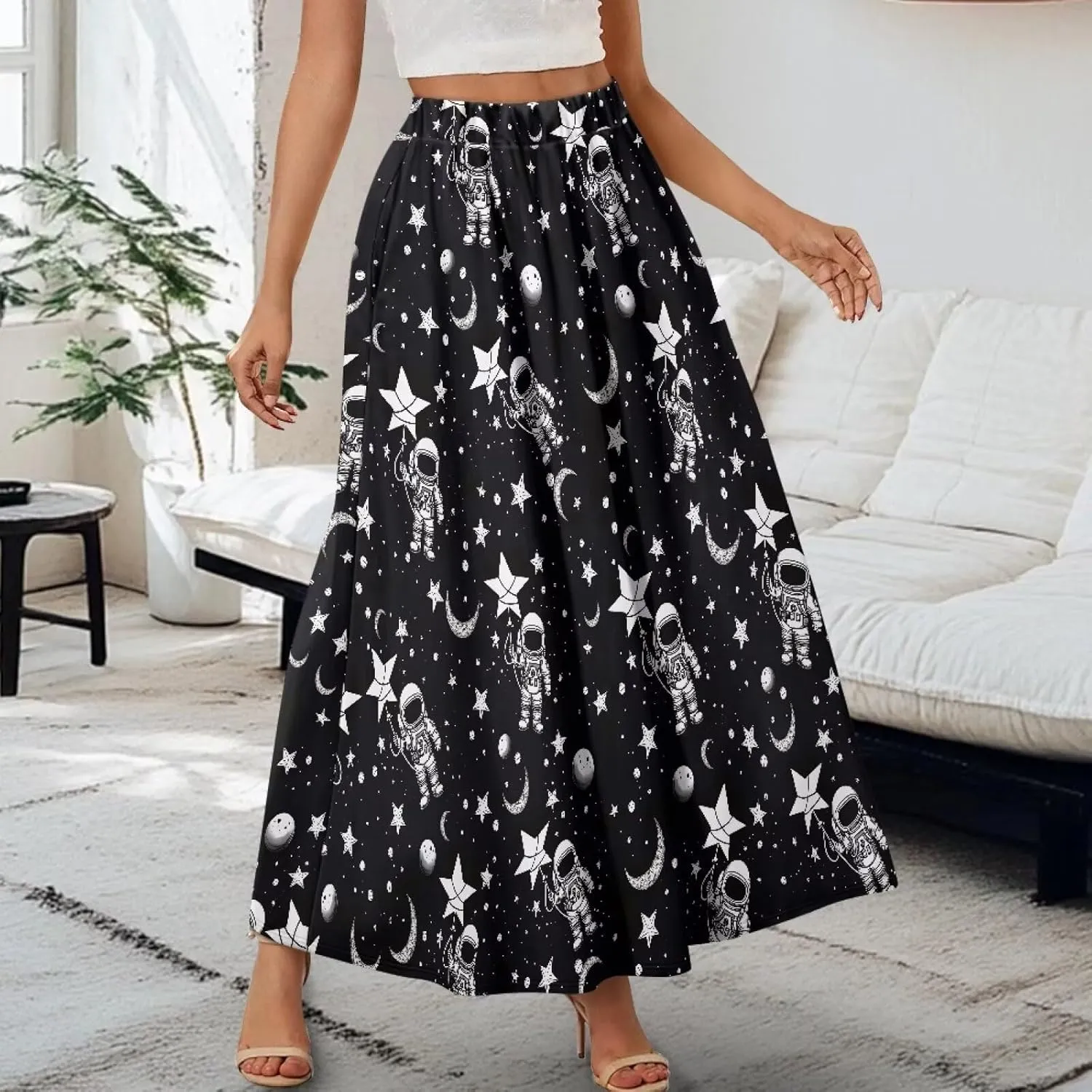 Womens Skirt Elastic High Waist A-Line Skirts for Dance Girls Soft Flowy Maxi Long Skirts for Fall Winter Spring