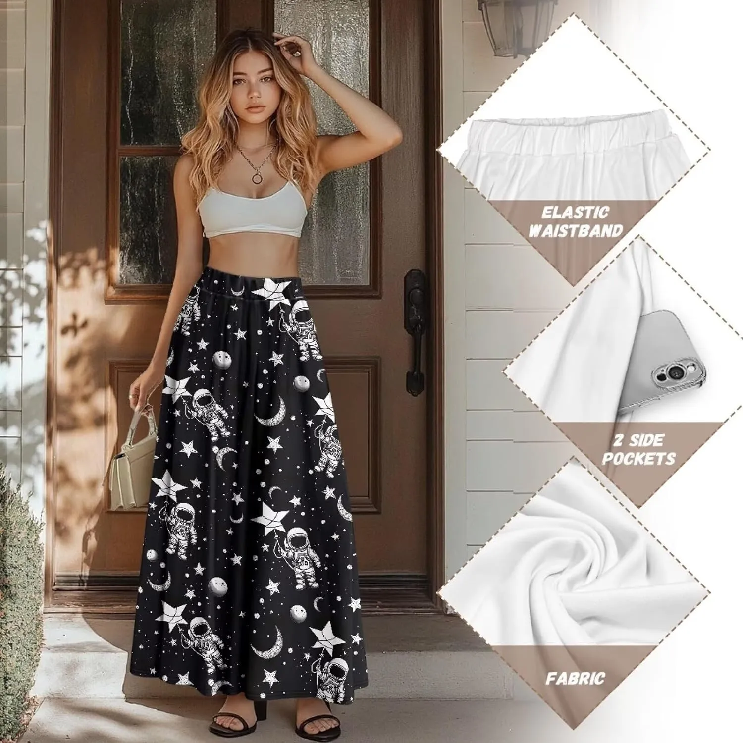 Womens Skirt Elastic High Waist A-Line Skirts for Dance Girls Soft Flowy Maxi Long Skirts for Fall Winter Spring