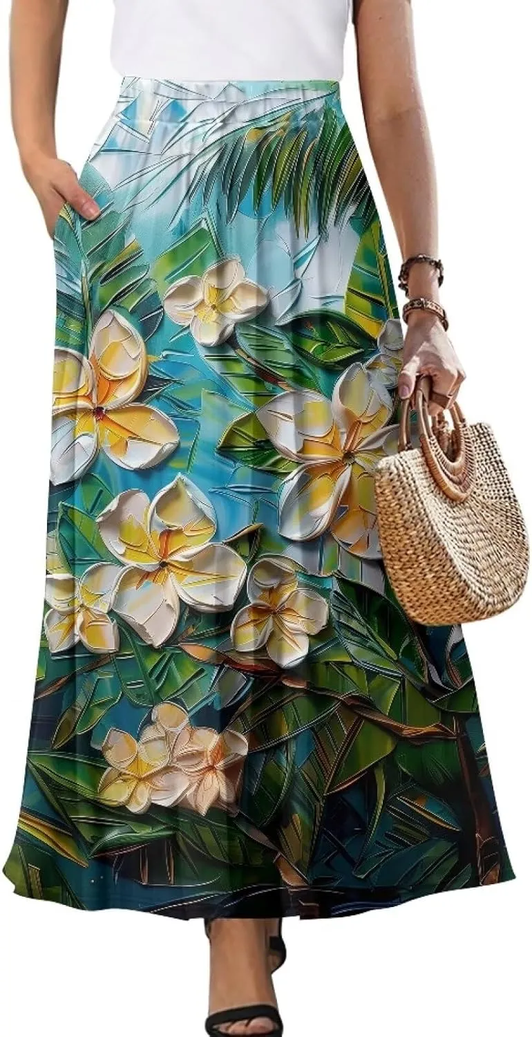 Womens Skirt Elastic High Waist A-Line Skirts for Dance Girls Soft Flowy Maxi Long Skirts for Fall Winter Spring