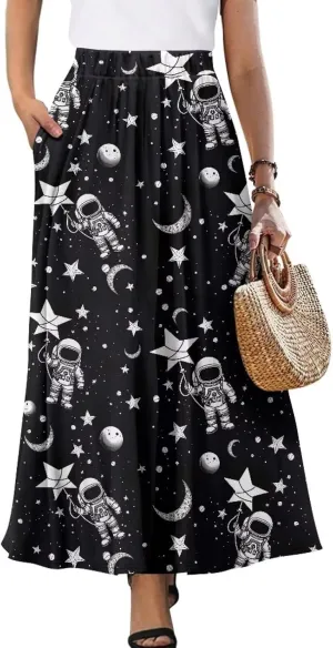 Womens Skirt Elastic High Waist A-Line Skirts for Dance Girls Soft Flowy Maxi Long Skirts for Fall Winter Spring