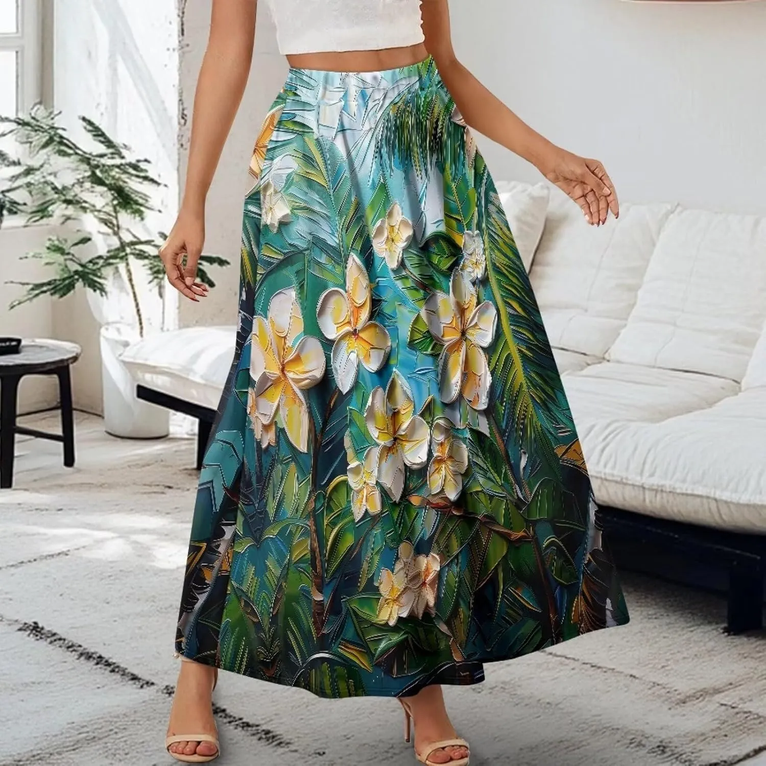 Womens Skirt Elastic High Waist A-Line Skirts for Dance Girls Soft Flowy Maxi Long Skirts for Fall Winter Spring