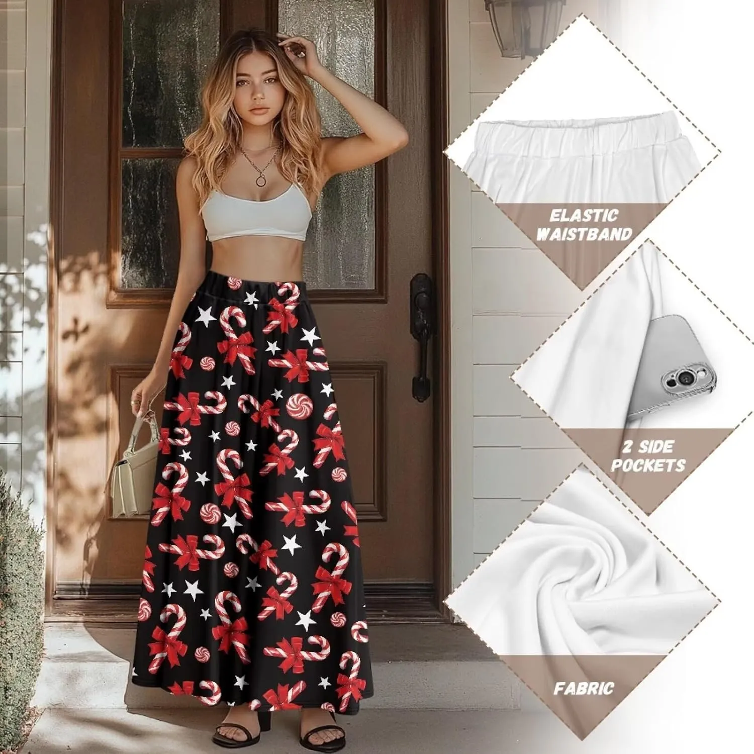 Womens Skirt Elastic High Waist A-Line Skirts for Dance Girls Soft Flowy Maxi Long Skirts for Fall Winter Spring