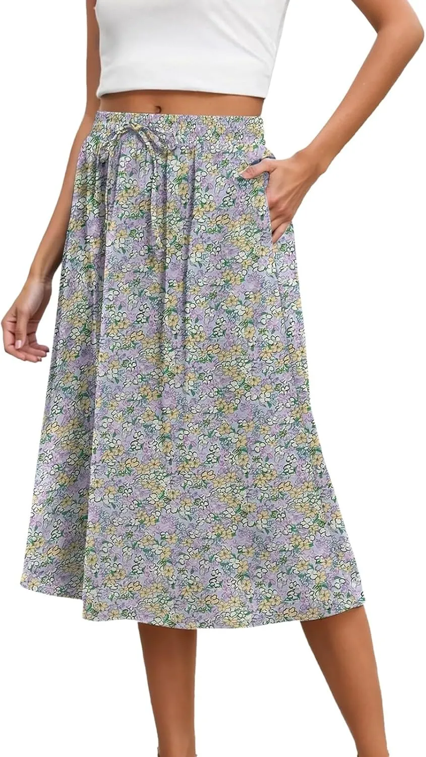 Womens Skirts Elastic Waisted Mid High Waisted Flowy Elegant Skirt Loose Fashionable Comfortable Skorts with Pockets