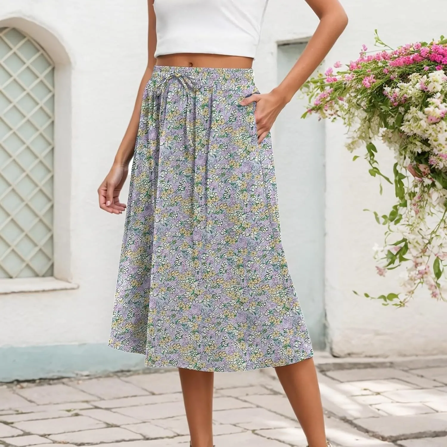Womens Skirts Elastic Waisted Mid High Waisted Flowy Elegant Skirt Loose Fashionable Comfortable Skorts with Pockets