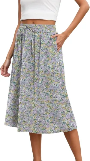 Womens Skirts Elastic Waisted Mid High Waisted Flowy Elegant Skirt Loose Fashionable Comfortable Skorts with Pockets