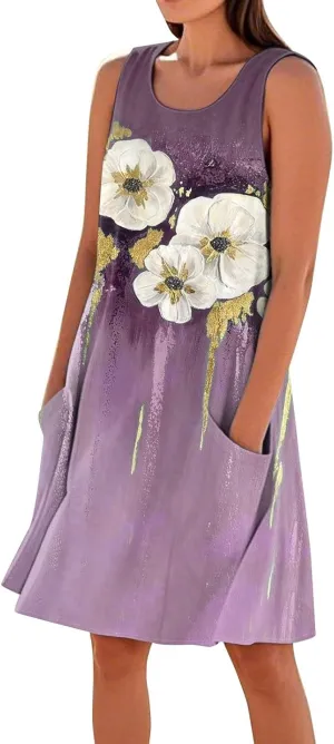 Women's Sleeveless Dresses Flowy Casual Sundress Floral Printed 2025 Summer Comfy Dress Beach Loose Dress with Pockets