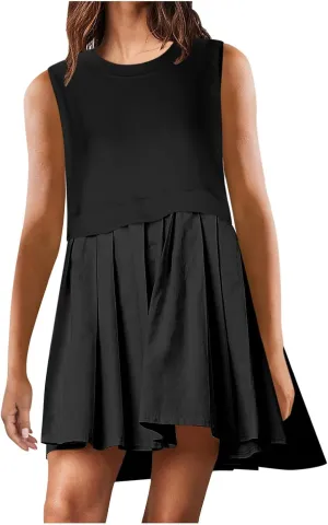 Womens Sleeveless Loose Beach Dress Simple Solid Color Sundresses Casual Crewneck Fashion 2024 Tank Dress