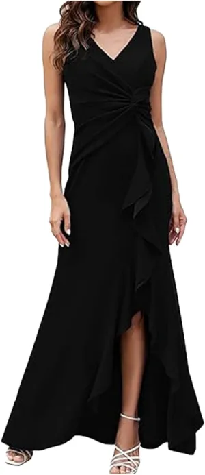 Women's Sleeveless Wedding Guest Dresses 2025 Summer Trendy Elegant Ruched Ruffle Slit Maxi Long Flowy Sundress
