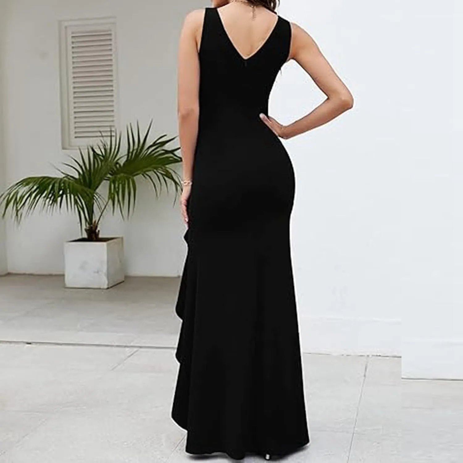 Women's Sleeveless Wedding Guest Dresses 2025 Summer Trendy Elegant Ruched Ruffle Slit Maxi Long Flowy Sundress