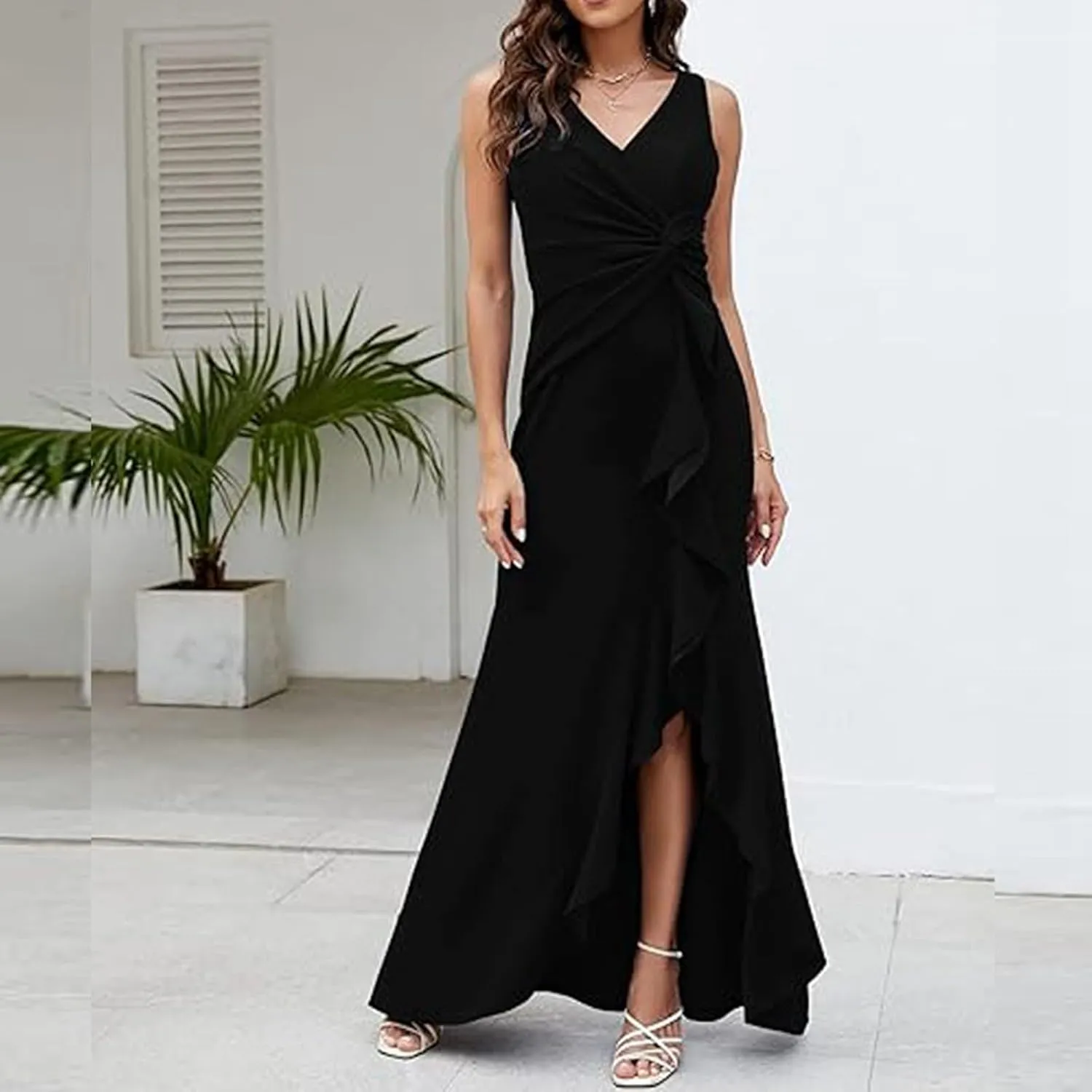 Women's Sleeveless Wedding Guest Dresses 2025 Summer Trendy Elegant Ruched Ruffle Slit Maxi Long Flowy Sundress