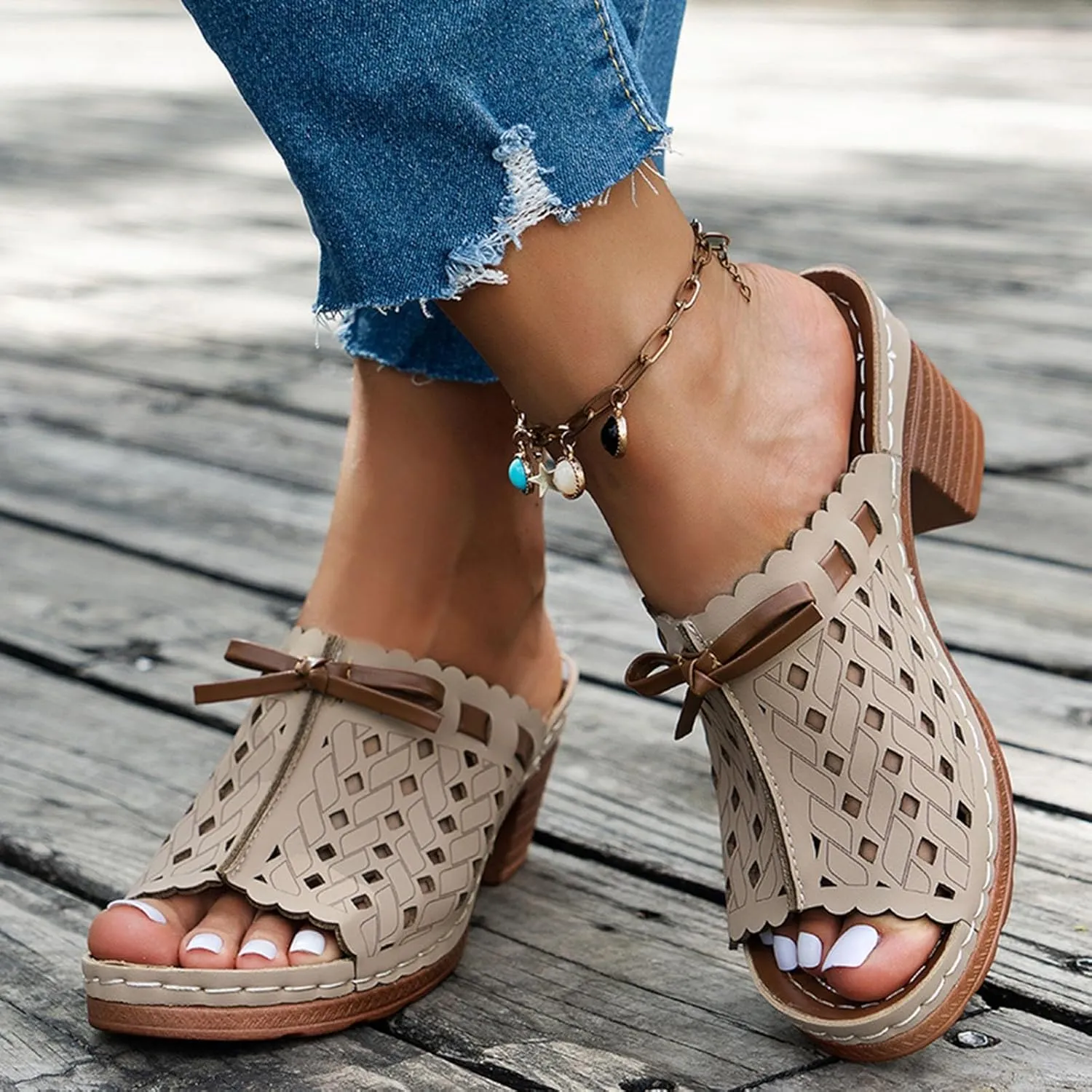 Womens Slide Sandals Chunky Block Heeled Open Toe Slip On Mules Wedge Platform Dressy Summer Casual Hollow Out Breathable Beach Shoes