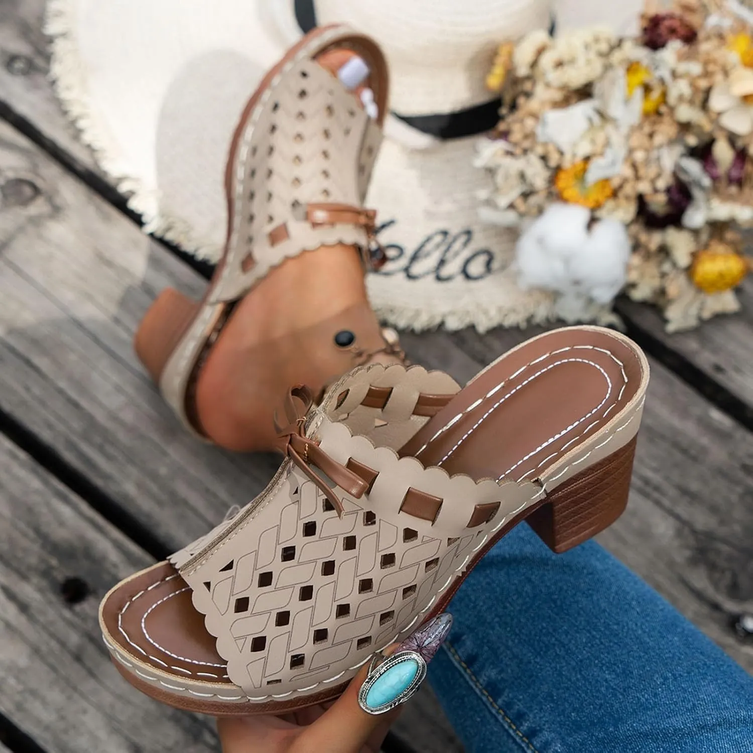 Womens Slide Sandals Chunky Block Heeled Open Toe Slip On Mules Wedge Platform Dressy Summer Casual Hollow Out Breathable Beach Shoes