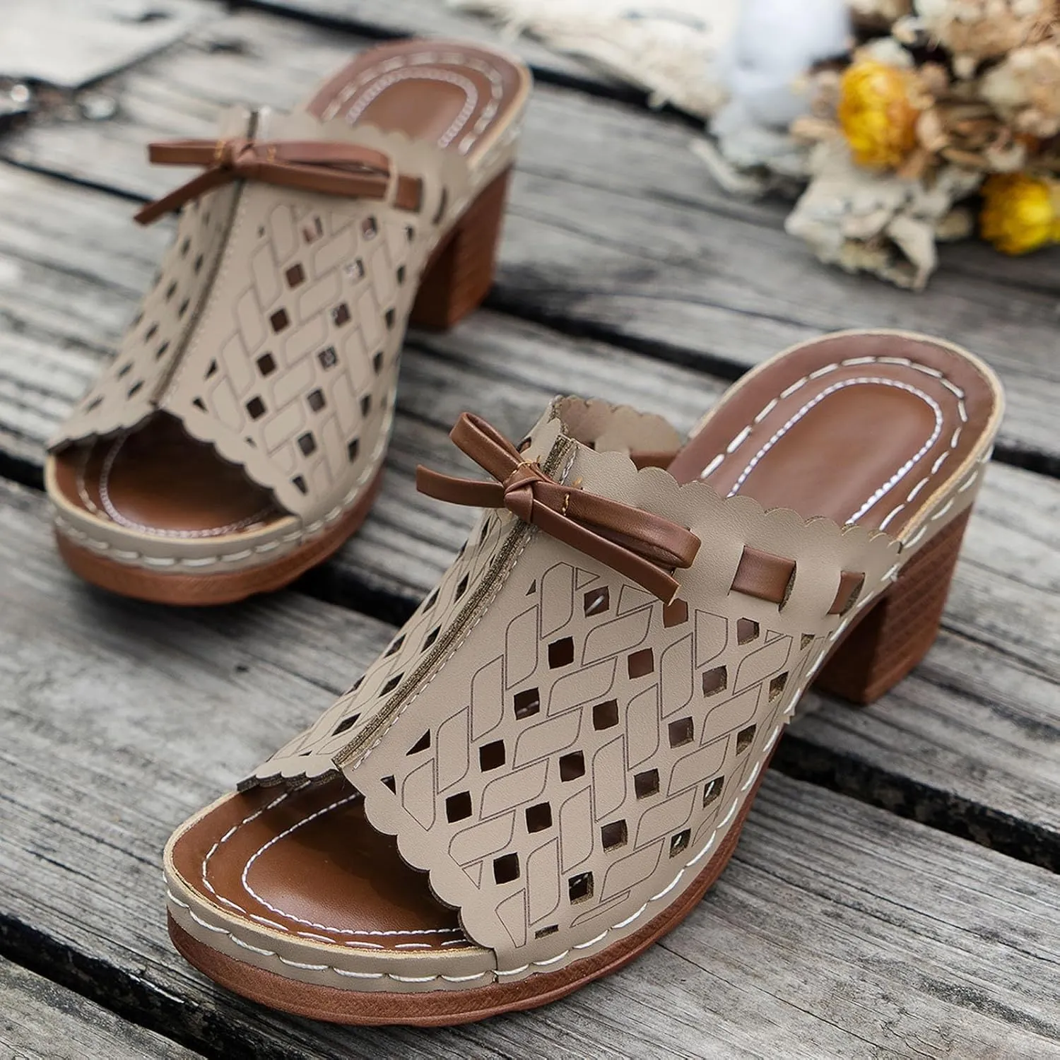 Womens Slide Sandals Chunky Block Heeled Open Toe Slip On Mules Wedge Platform Dressy Summer Casual Hollow Out Breathable Beach Shoes