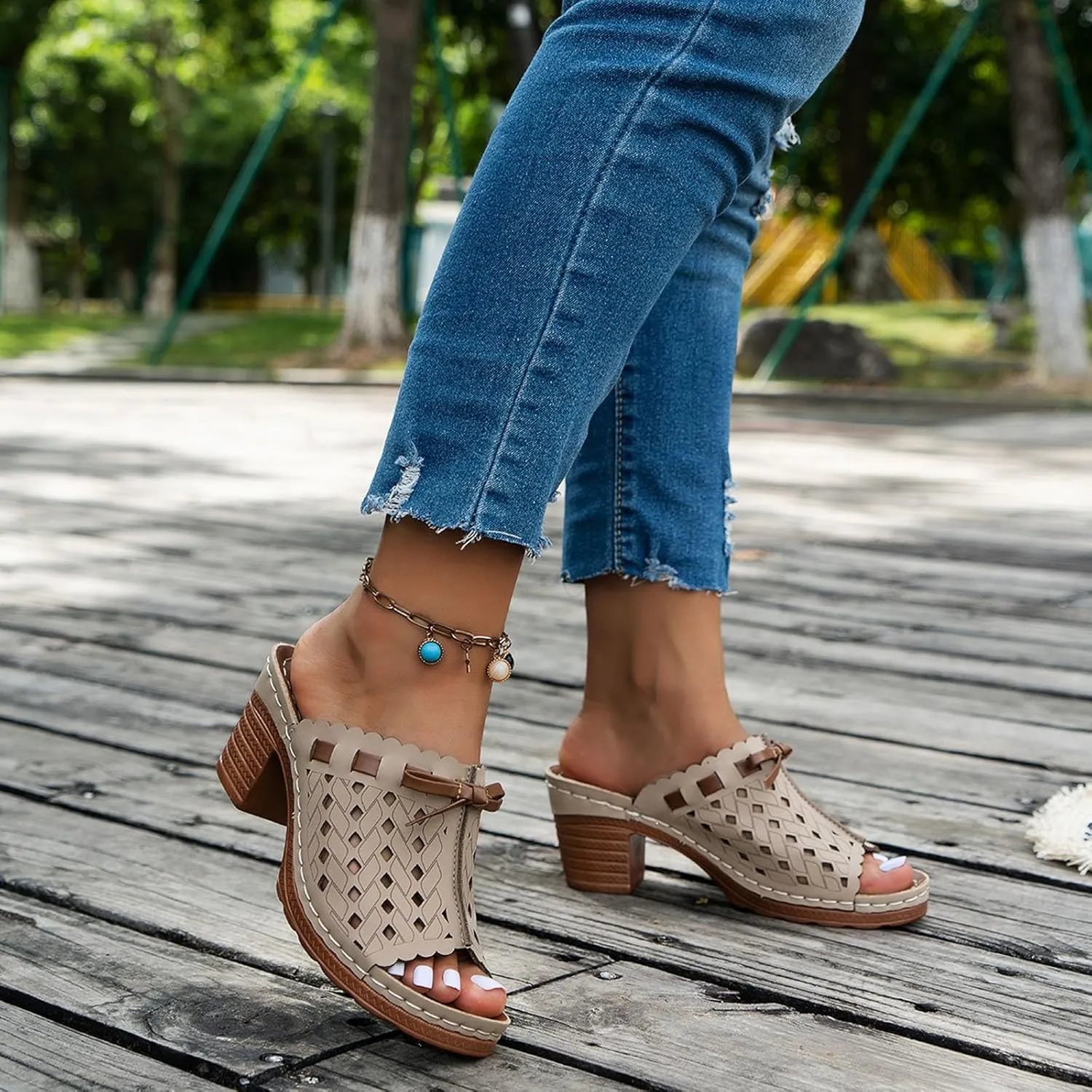 Womens Slide Sandals Chunky Block Heeled Open Toe Slip On Mules Wedge Platform Dressy Summer Casual Hollow Out Breathable Beach Shoes