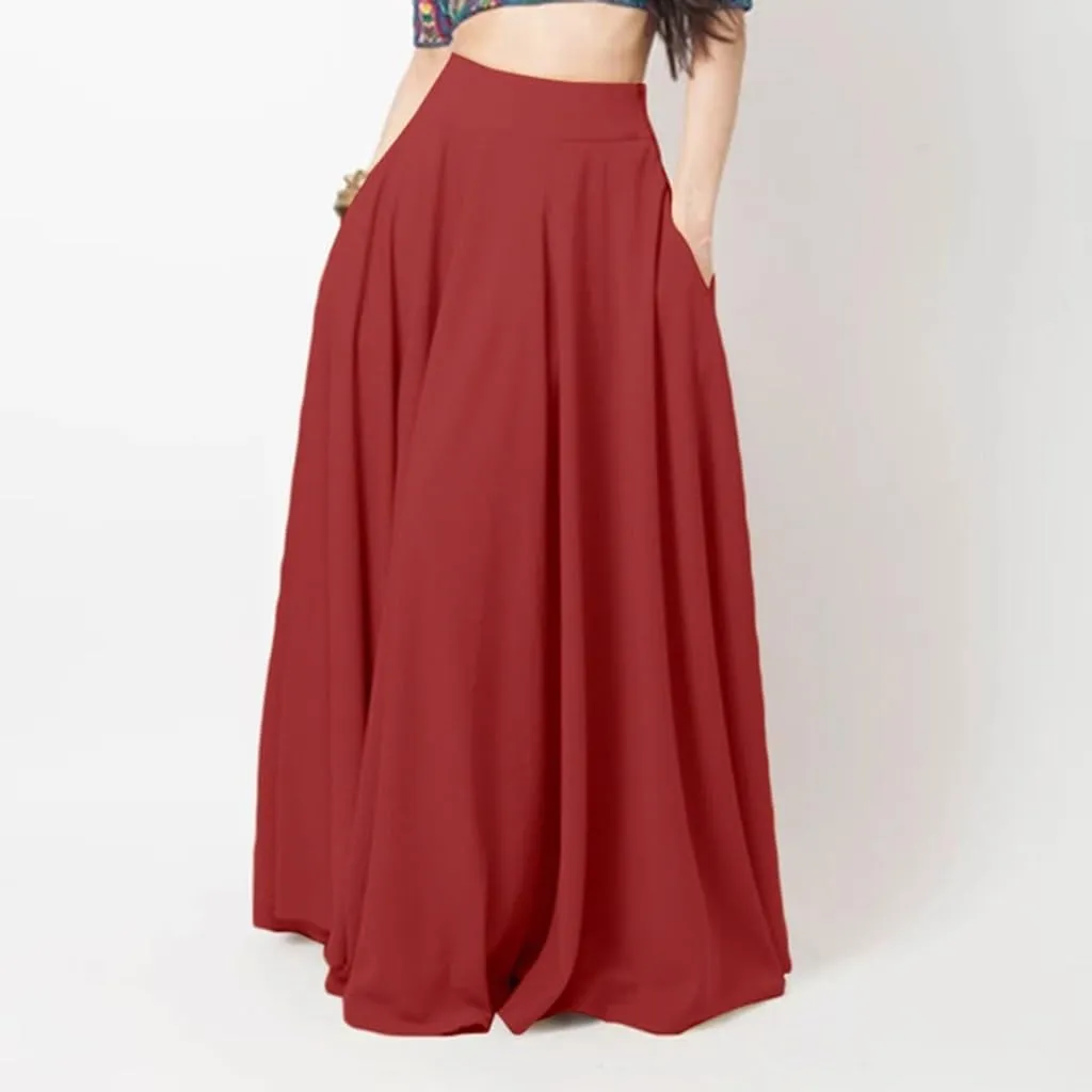 Womens Solid Elegant Ruched Casual a Line Midi Skirt Summer Boho Elastic Waist Flowy Swing Long Beach Skirts