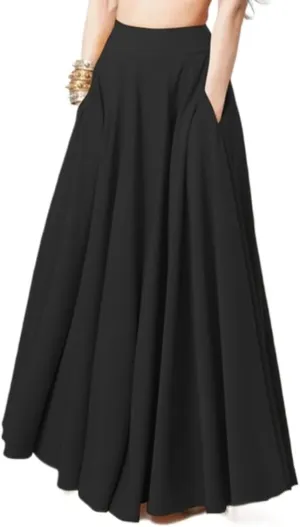 Womens Solid Elegant Ruched Casual a Line Midi Skirt Summer Boho Elastic Waist Flowy Swing Long Beach Skirts