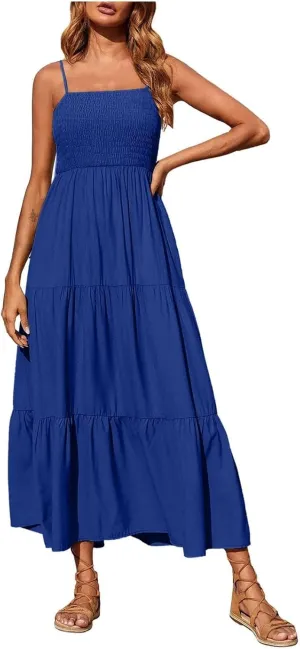 Women's Spaghetti Strap Corset A Line Tiered Swing Long Sundress Bohemian Summer Spring Dress, S-3XL