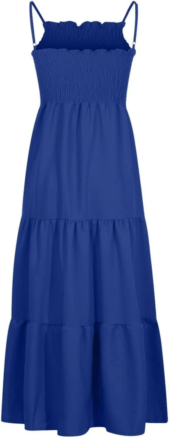 Women's Spaghetti Strap Corset A Line Tiered Swing Long Sundress Bohemian Summer Spring Dress, S-3XL
