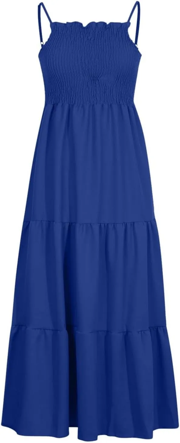 Women's Spaghetti Strap Corset A Line Tiered Swing Long Sundress Bohemian Summer Spring Dress, S-3XL