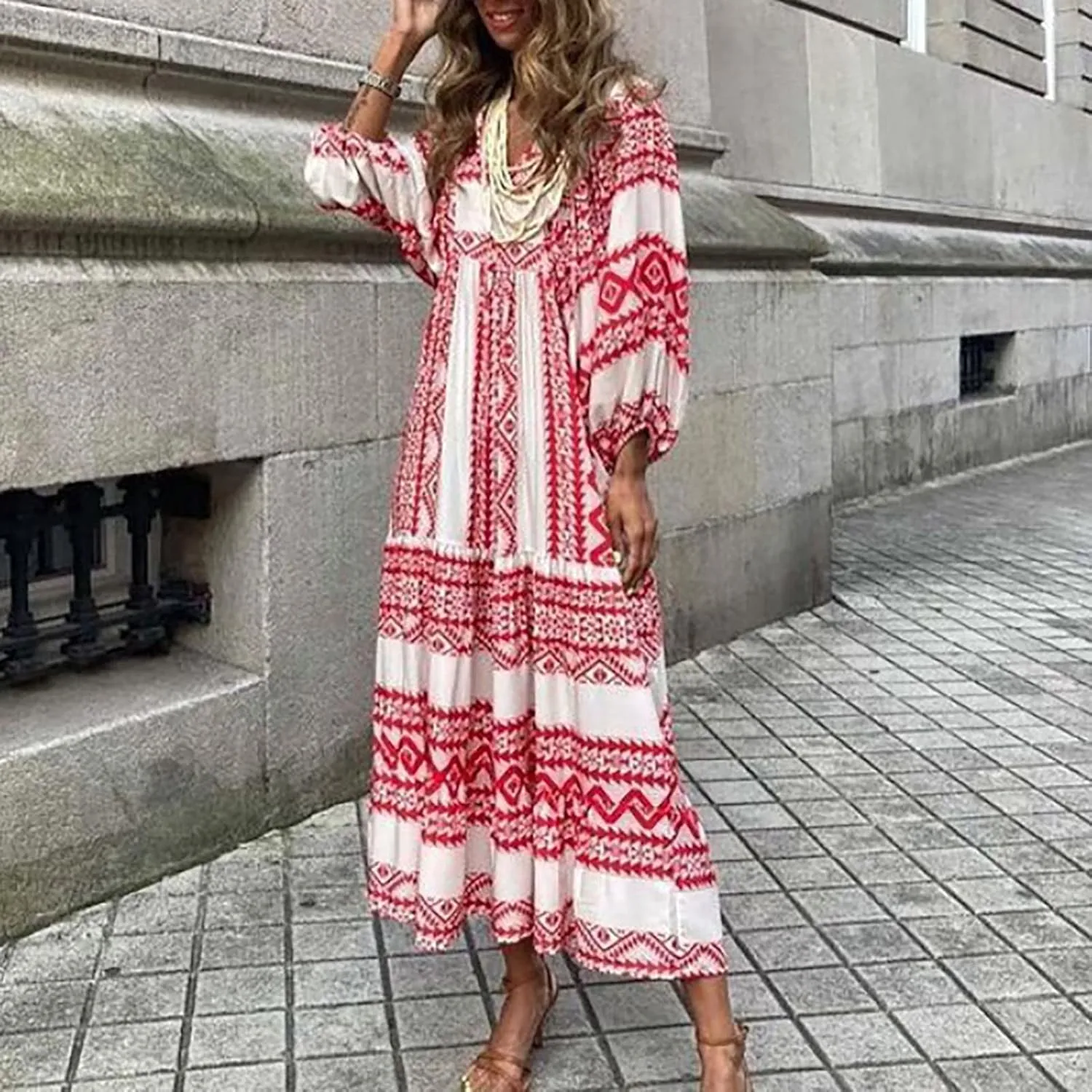 Women's Spring Dresses 2025 Long Sleeve Flowy Casual Floral Maxi Dress Front Tie Cutout Tiered Long Dress Beach Dresses