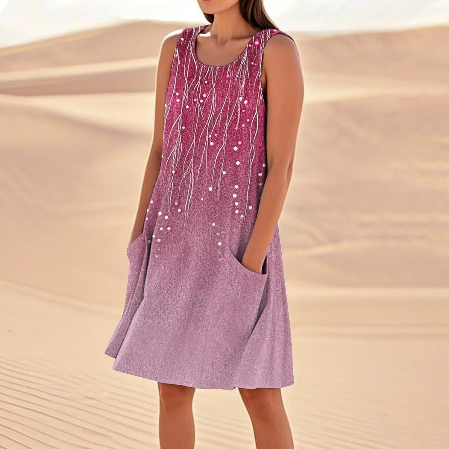 Women's Spring Dresses Round Neck Sleeveless Summer Sundresses Knee Length Tank with Pockets Vacation Dresses