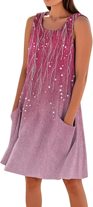 Women's Spring Dresses Round Neck Sleeveless Summer Sundresses Knee Length Tank with Pockets Vacation Dresses