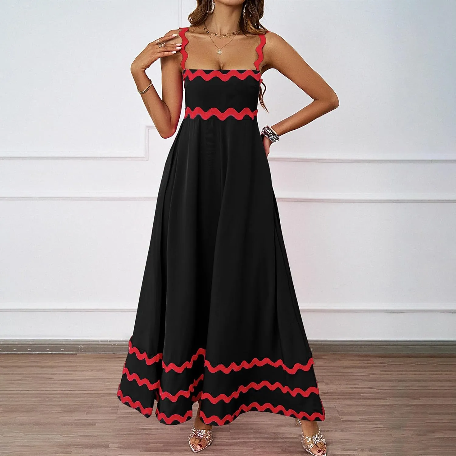 Womens Spring Maxi Dress Fit and Flare Square Neck Long Flowy Dress Sundress Spaghetti Strap Vacation Maxi Dresses