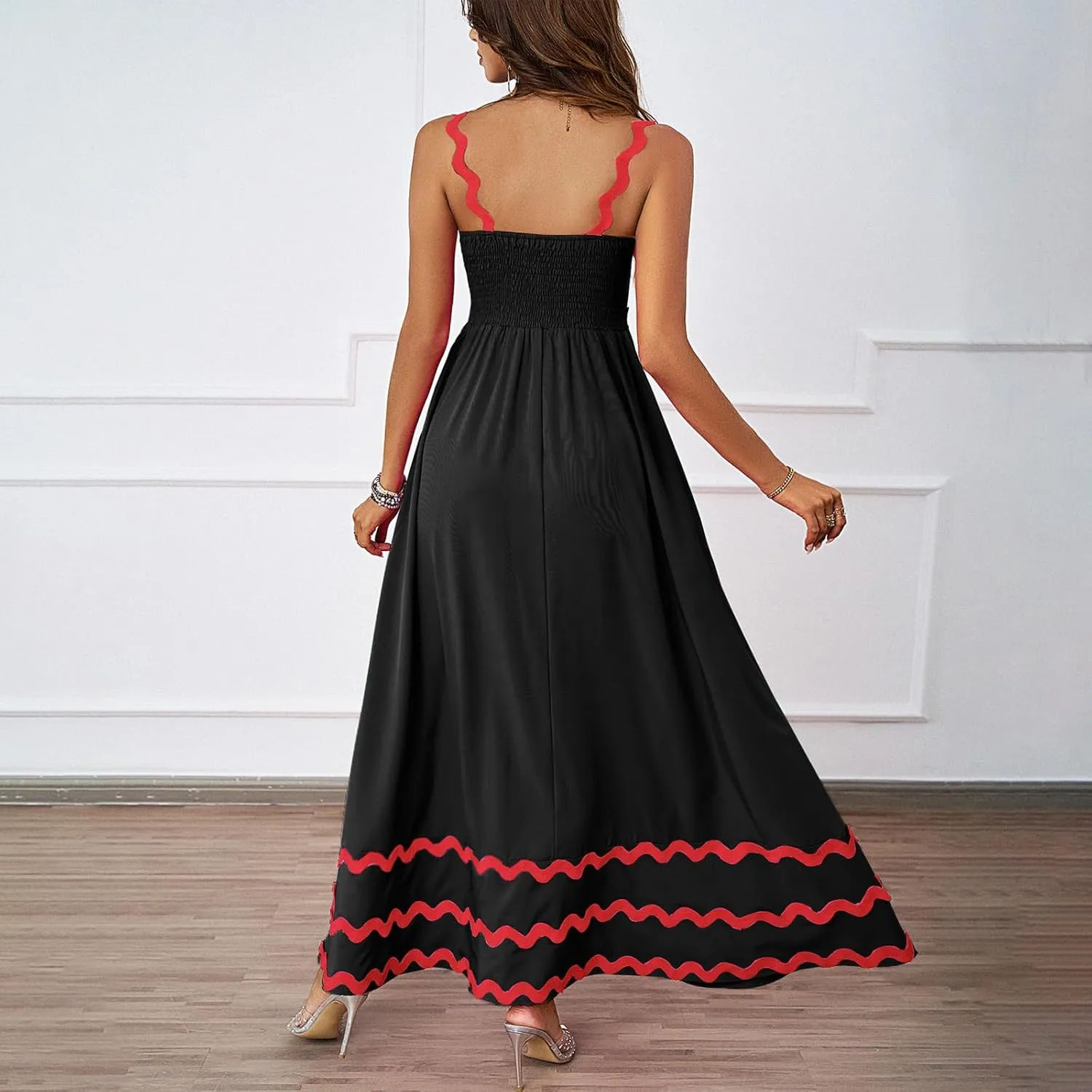 Womens Spring Maxi Dress Fit and Flare Square Neck Long Flowy Dress Sundress Spaghetti Strap Vacation Maxi Dresses