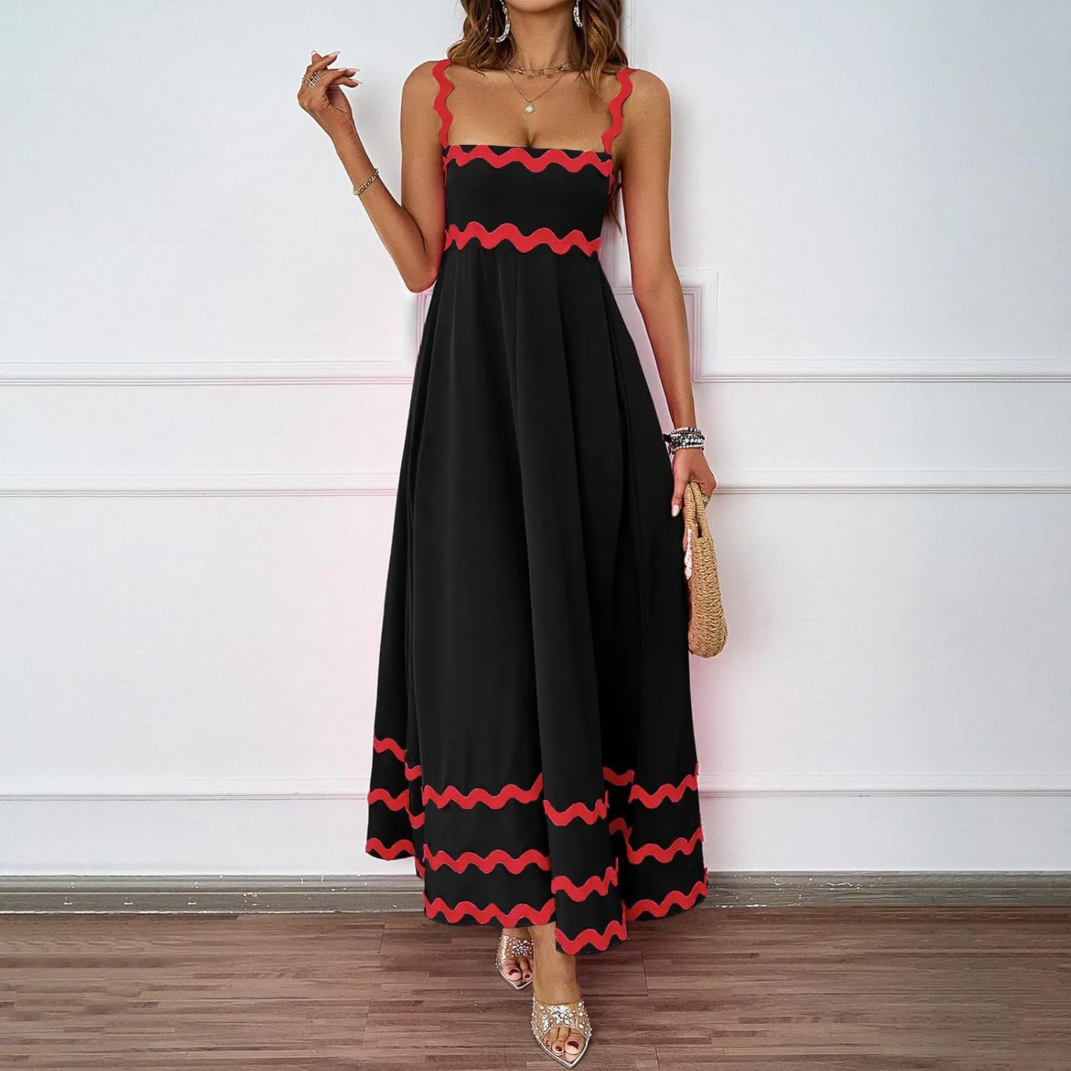 Womens Spring Maxi Dress Fit and Flare Square Neck Long Flowy Dress Sundress Spaghetti Strap Vacation Maxi Dresses