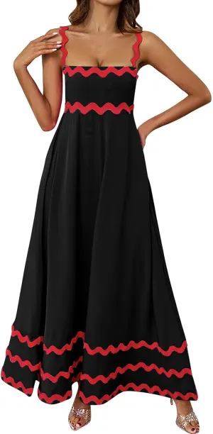 Womens Spring Maxi Dress Fit and Flare Square Neck Long Flowy Dress Sundress Spaghetti Strap Vacation Maxi Dresses