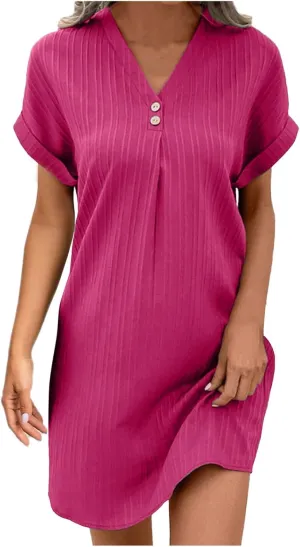 Womens Striped Summer Dresses 2025 Button V Neck Cap Sleeve Color Block Casual A Line Tshirt Dress with Pockets