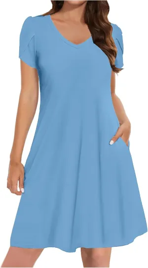Womens Summer A-Line Dress Casual Floral Boho Dresses Flowy Beach Swing Sundress with Pockets Vacation Travel Outfits